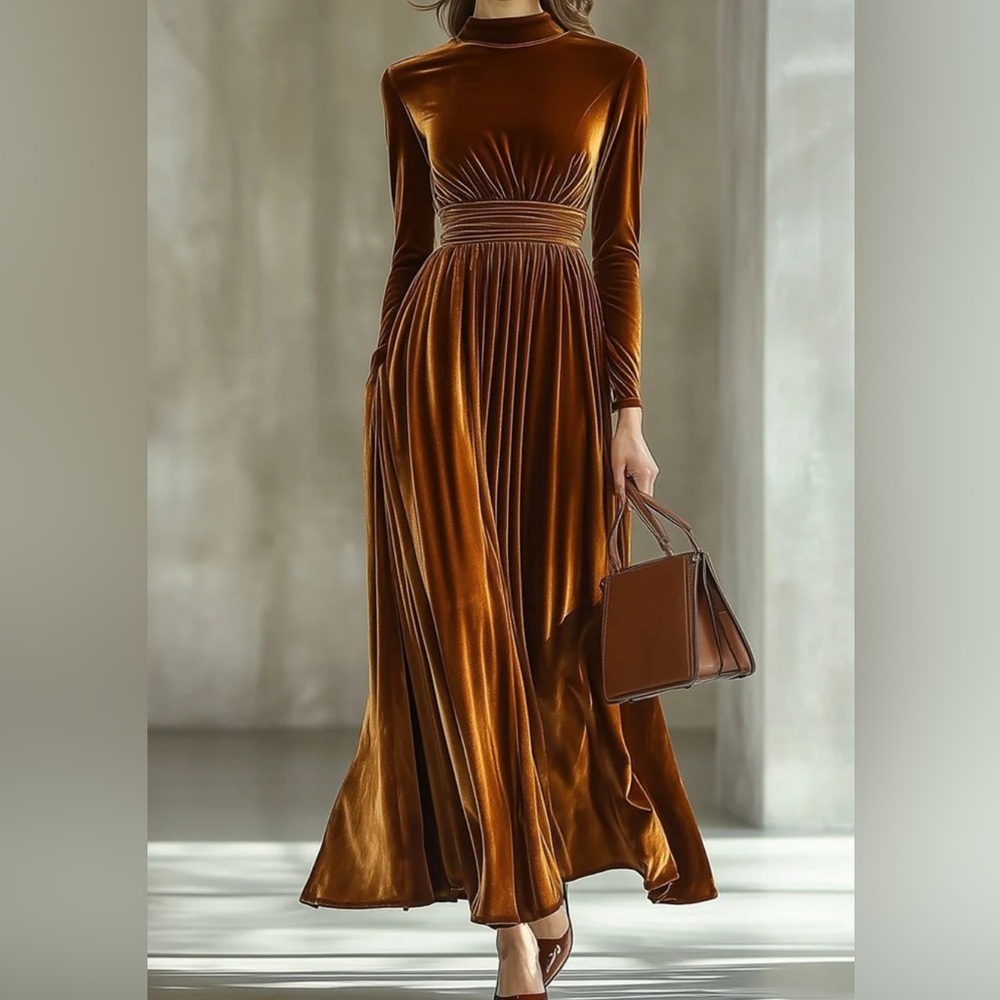 Velvet Long Sleeve Half Turtleneck Maxi Dress in a gorgeous copper color